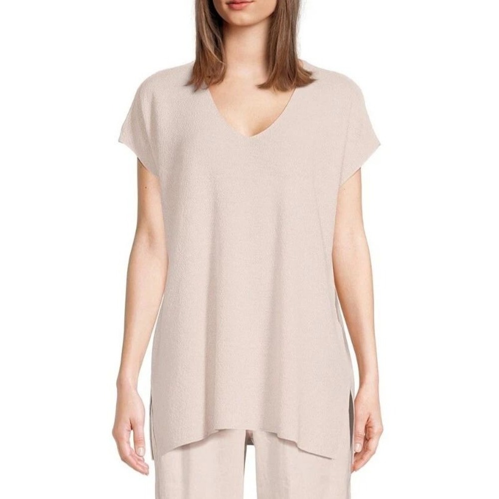 Eileen‎ Fisher Womens Washable Wool Crepe V-Neck Tunic Size Small Crystal Pink